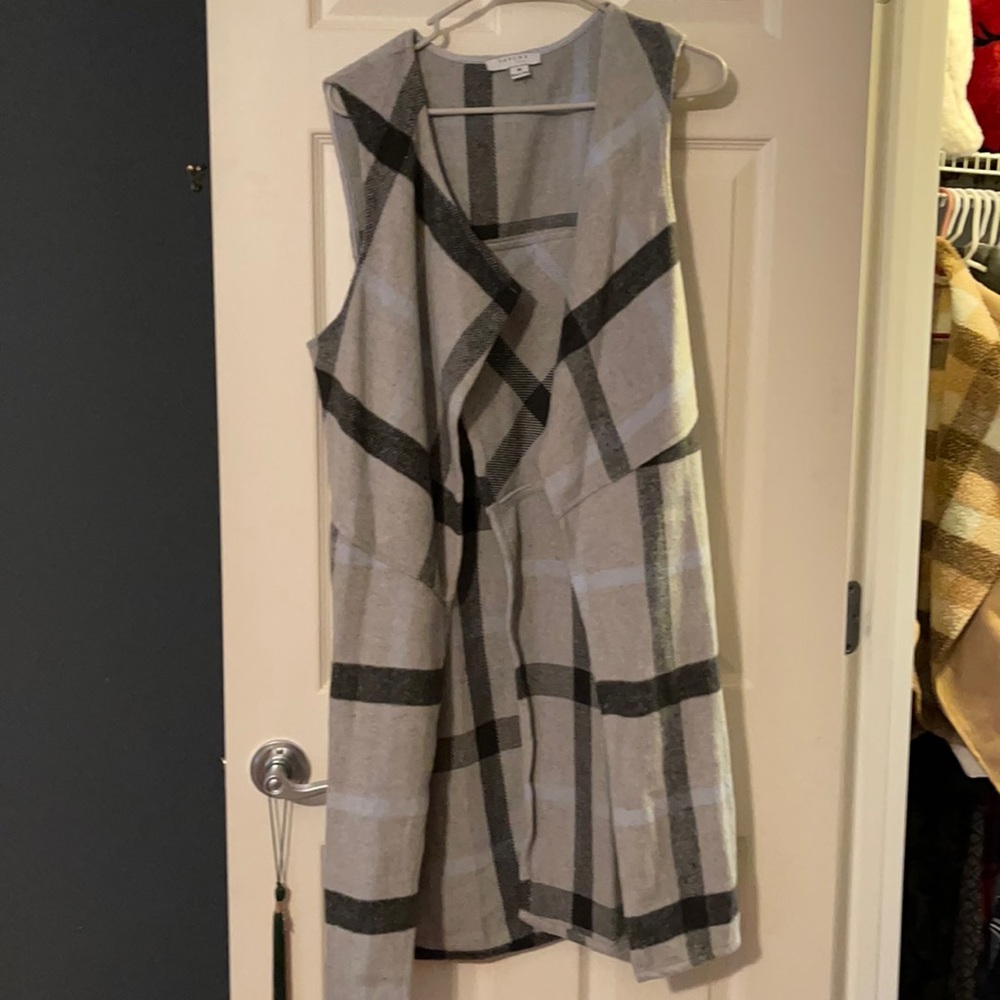 Long gray stripes/plaid open “duster” cardigan